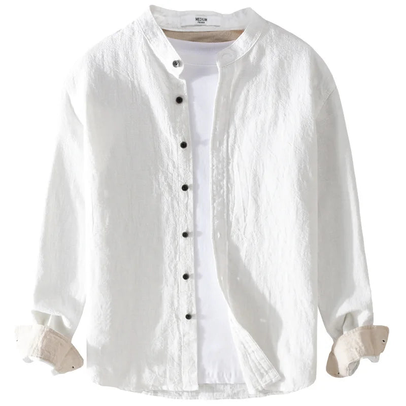 9896 High Quality Men Cotton Linen Casual Shirt Simple Solid Color Stand Collar Long Sleeve Basic Blouse Healthy Cozy Daily Tops