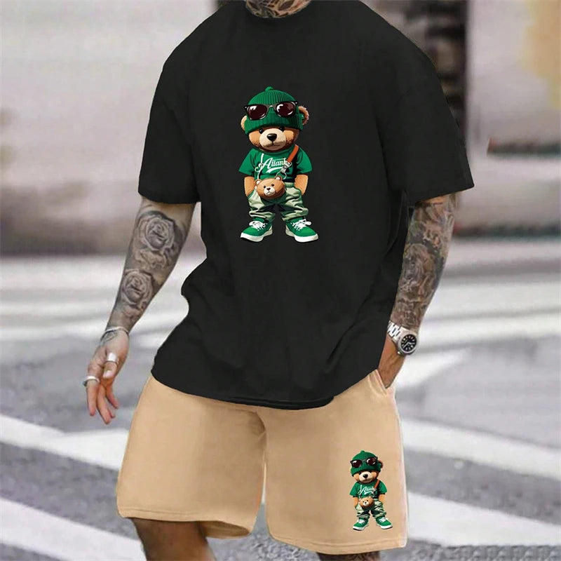 Fun Bear Harajuku T-Shirt Men's Summer Loose Daily Couple Suit Outdoor Street Short Sleeve Shorts Two Piece Men Summer Suit