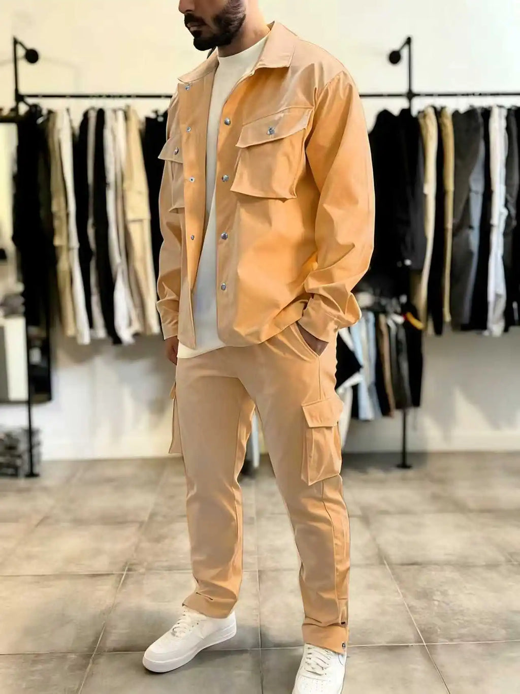 New style fashionable men's casual solid-color collar workwear high-quality multi-pocket long-sleeved jacket and trousers set