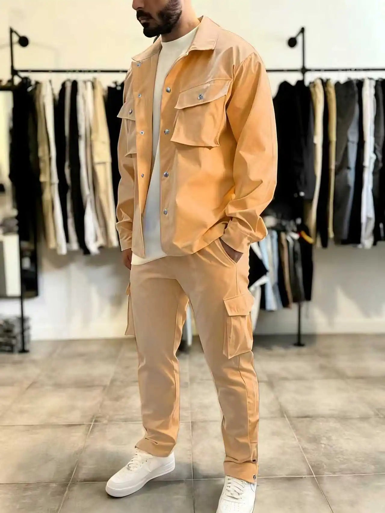 New style fashionable men's casual solid-color collar workwear high-quality multi-pocket long-sleeved jacket and trousers set