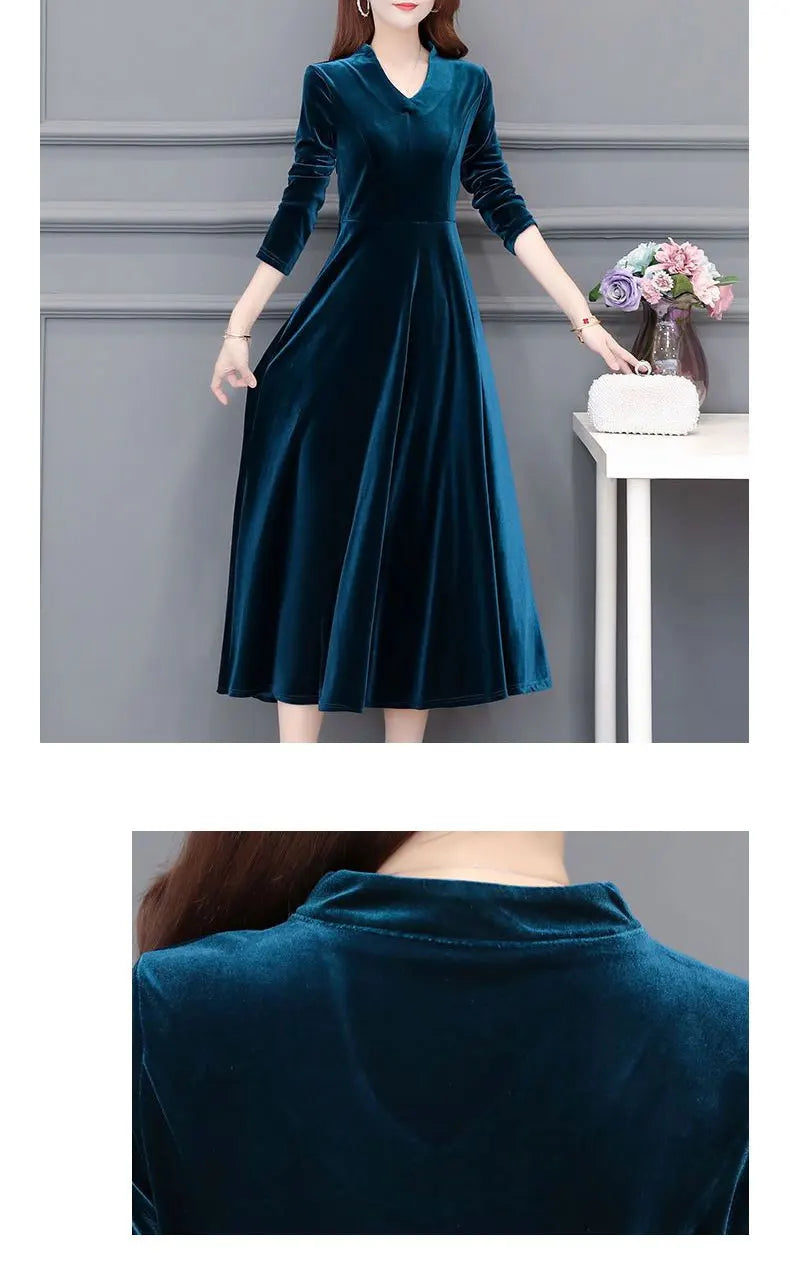 Women's Clothing Solid Color Velvet Dresses Elegant V-Neck Spring Autumn Long Sleeve All-match Casual A-Line Waist Long Dress