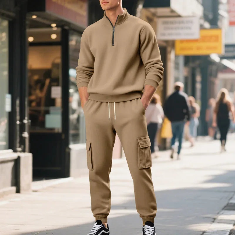 Men's Long-Sleeved Fleece Sweatshirt Suit Stand-up Collar Zipper American Men's Clothing Autumn Winter New 1/2pieces