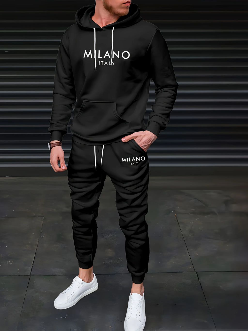 Men's Autumn/Winter Casual Warm MILANO ITALY Letter Printed Loose Thick Velvet Sports Hoodie+Sweatpants Set