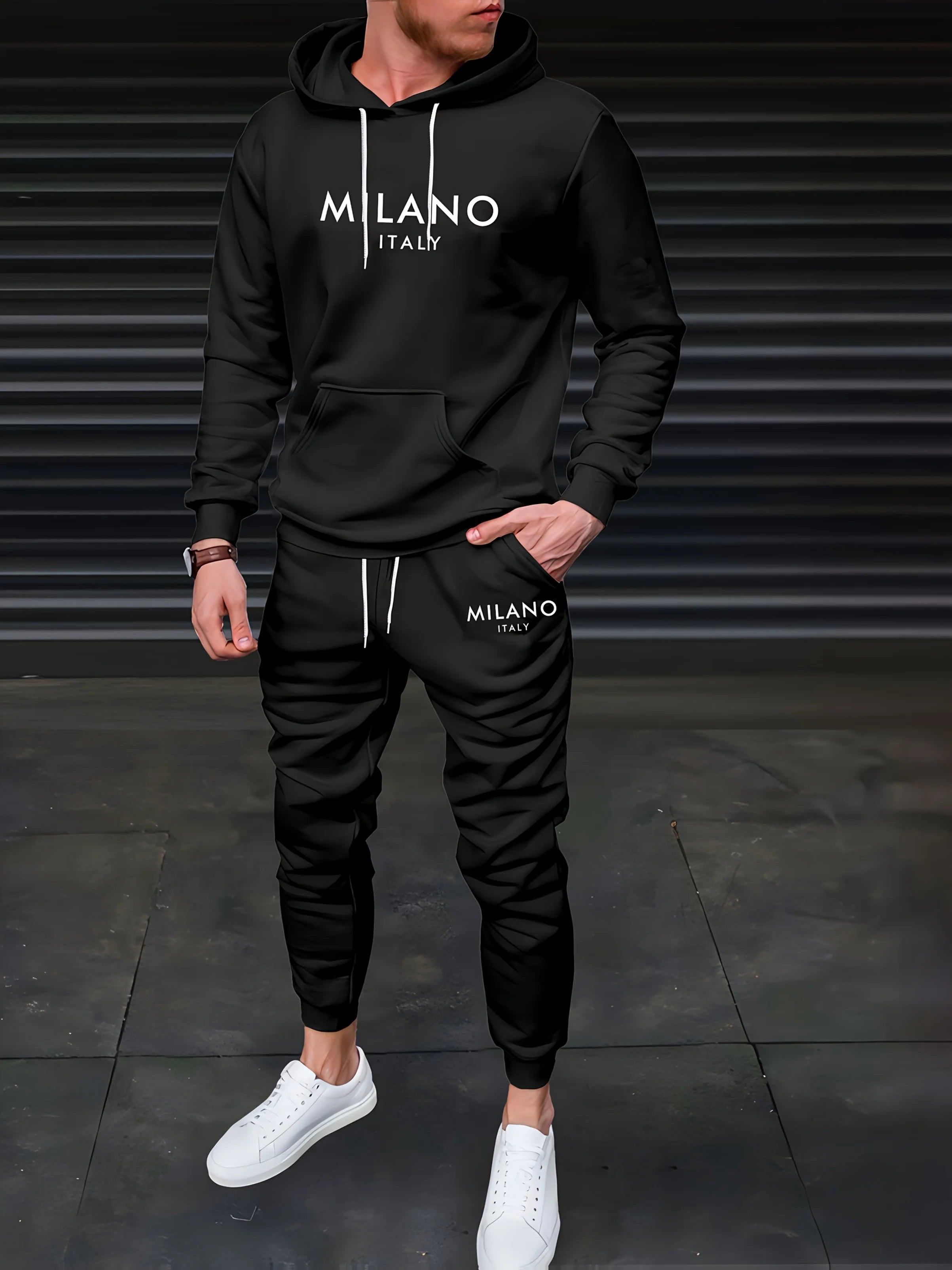 Men's Autumn/Winter Casual Warm MILANO ITALY Letter Printed Loose Thick Velvet Sports Hoodie+Sweatpants Set