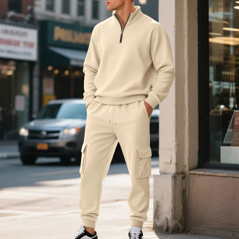 Men's Long-Sleeved Fleece Sweatshirt Suit Stand-up Collar Zipper American Men's Clothing Autumn Winter New 1/2pieces