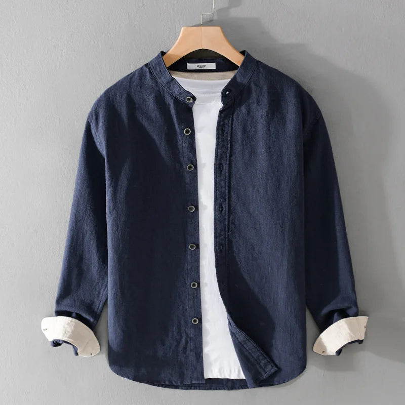 9896 High Quality Men Cotton Linen Casual Shirt Simple Solid Color Stand Collar Long Sleeve Basic Blouse Healthy Cozy Daily Tops