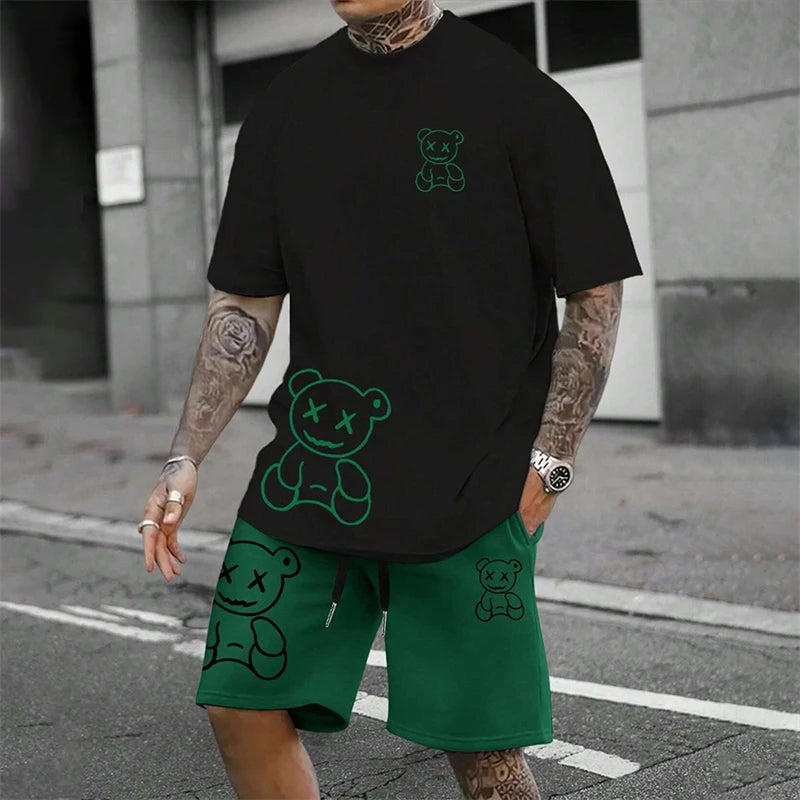 Fun Bear Harajuku T-Shirt Men's Summer Loose Daily Couple Suit Outdoor Street Short Sleeve Shorts Two Piece Men Summer Suit