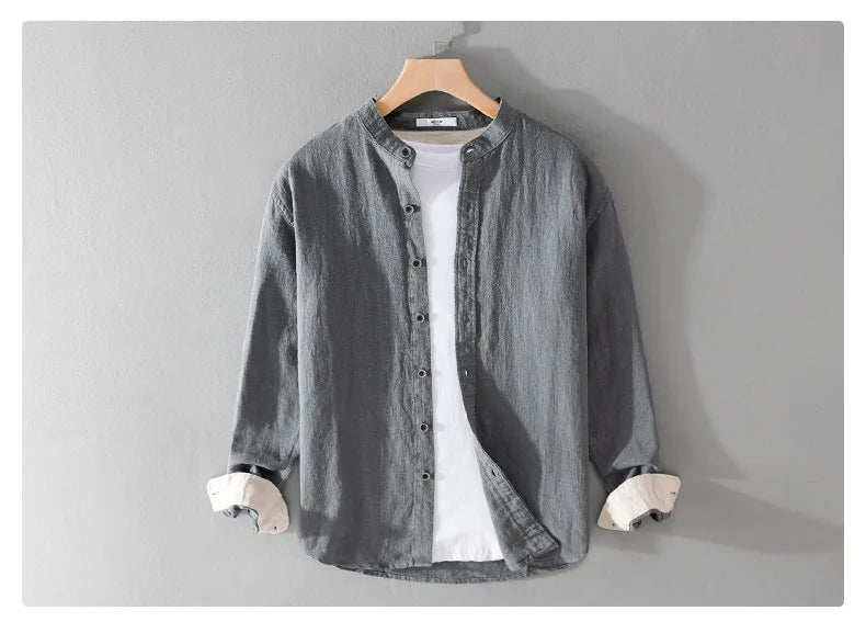 9896 High Quality Men Cotton Linen Casual Shirt Simple Solid Color Stand Collar Long Sleeve Basic Blouse Healthy Cozy Daily Tops