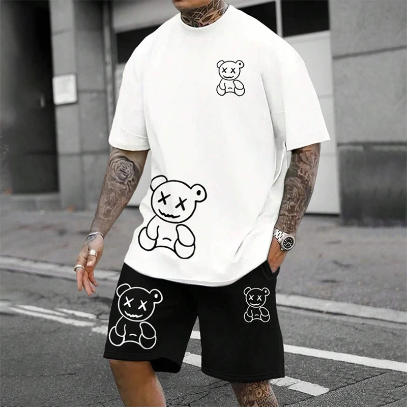 Fun Bear Harajuku T-Shirt Men's Summer Loose Daily Couple Suit Outdoor Street Short Sleeve Shorts Two Piece Men Summer Suit