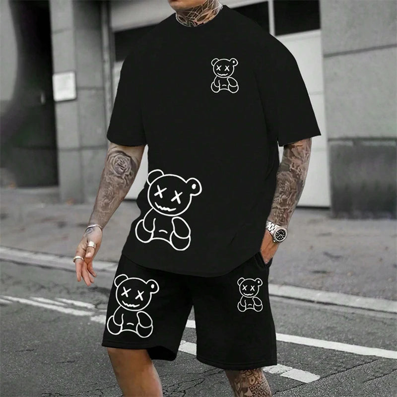 Fun Bear Harajuku T-Shirt Men's Summer Loose Daily Couple Suit Outdoor Street Short Sleeve Shorts Two Piece Men Summer Suit