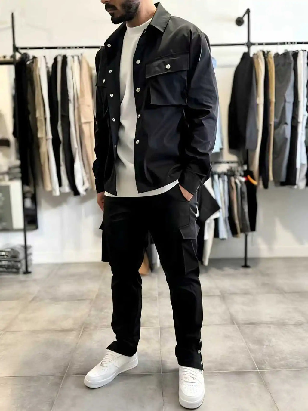 New style fashionable men's casual solid-color collar workwear high-quality multi-pocket long-sleeved jacket and trousers set