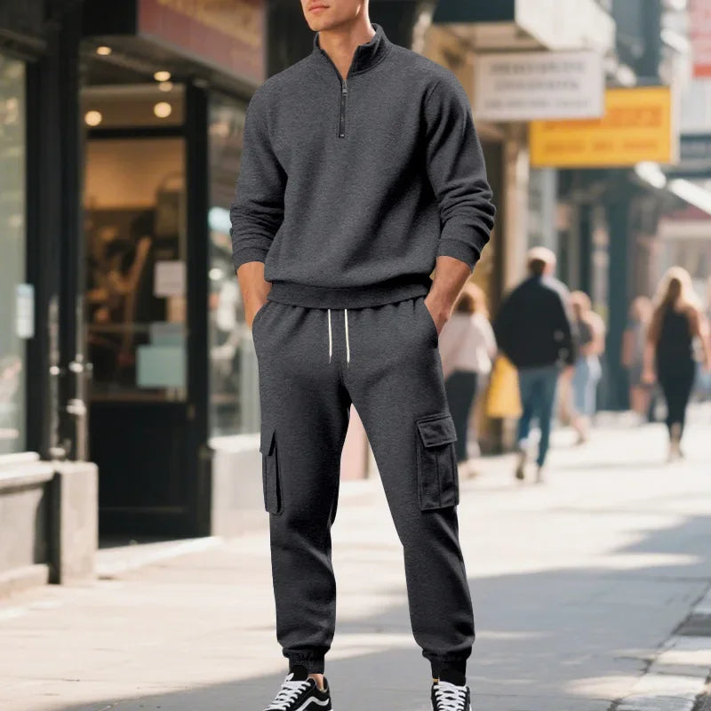Men's Long-Sleeved Fleece Sweatshirt Suit Stand-up Collar Zipper American Men's Clothing Autumn Winter New 1/2pieces