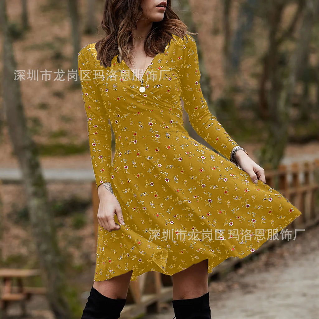 Autumn Floral Dress Women's Long-sleeved Sexy V-neck Pullover Dress Temperament Commuting Long Dress