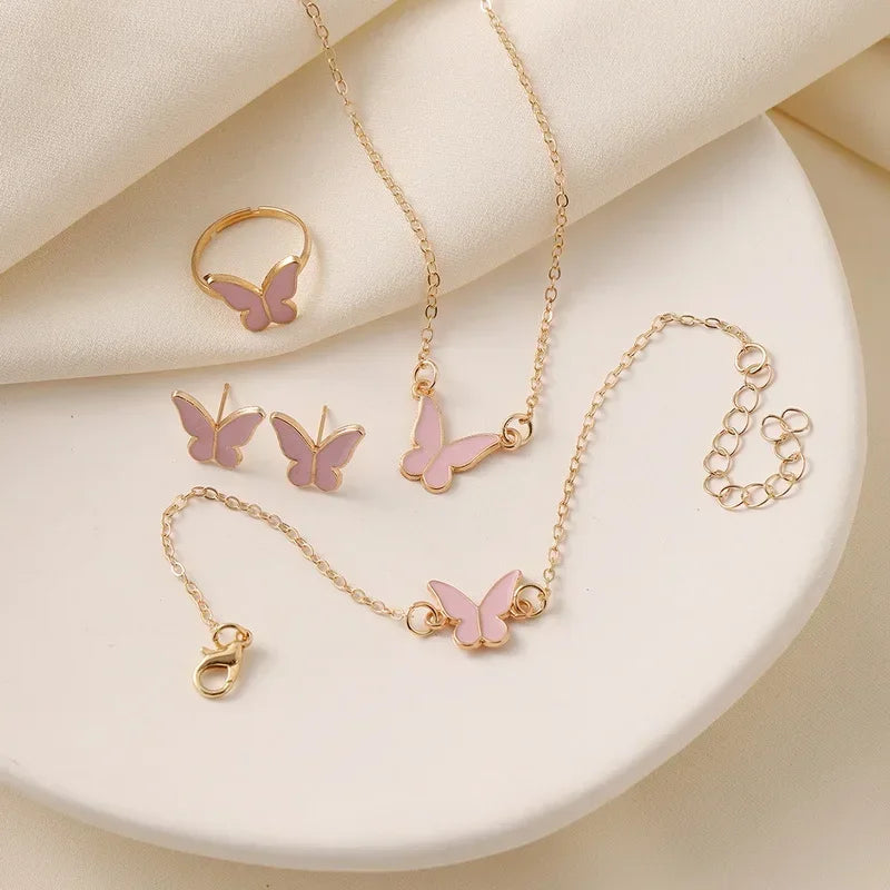 4Pcs/Set Fashion Butterfly Pendant Necklace Earrings Ring Bracelet Set For Women Engagement Wedding Jewelry Set Gift