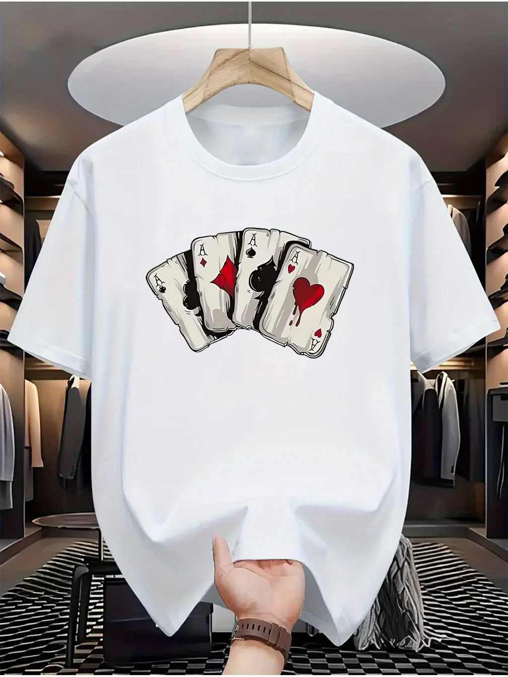 Summer men's 100% pure cotton poker card graphic print casual loose sports comfortable round neck short sleeved T-shirt top