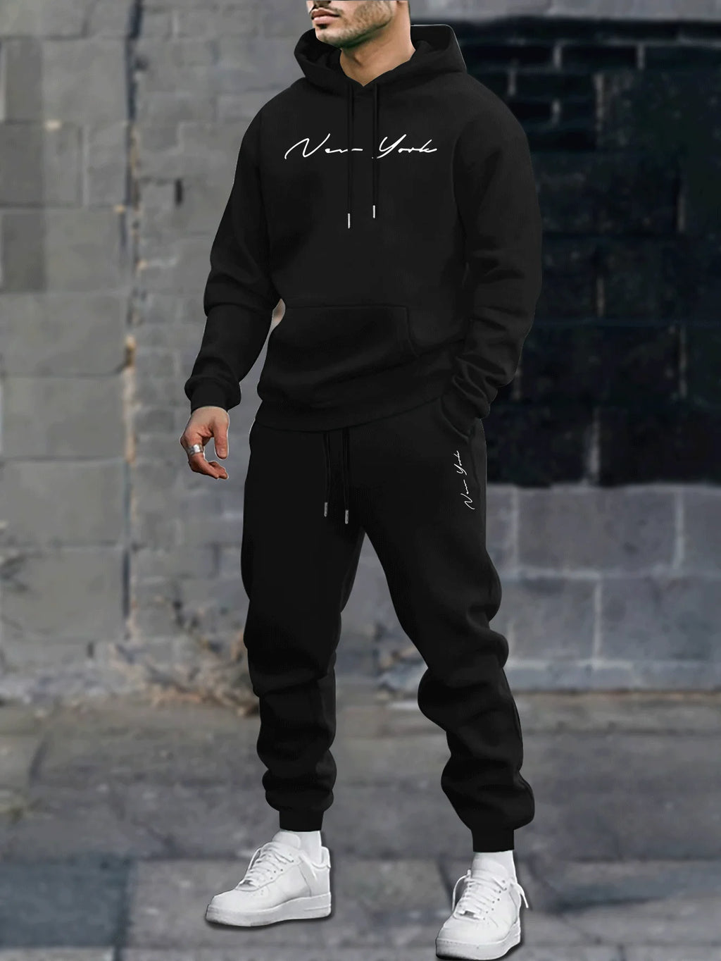 Men's printed hooded sweatshirt and pants set, new winter/spring edition of casual sportswear and lace-up casual pants