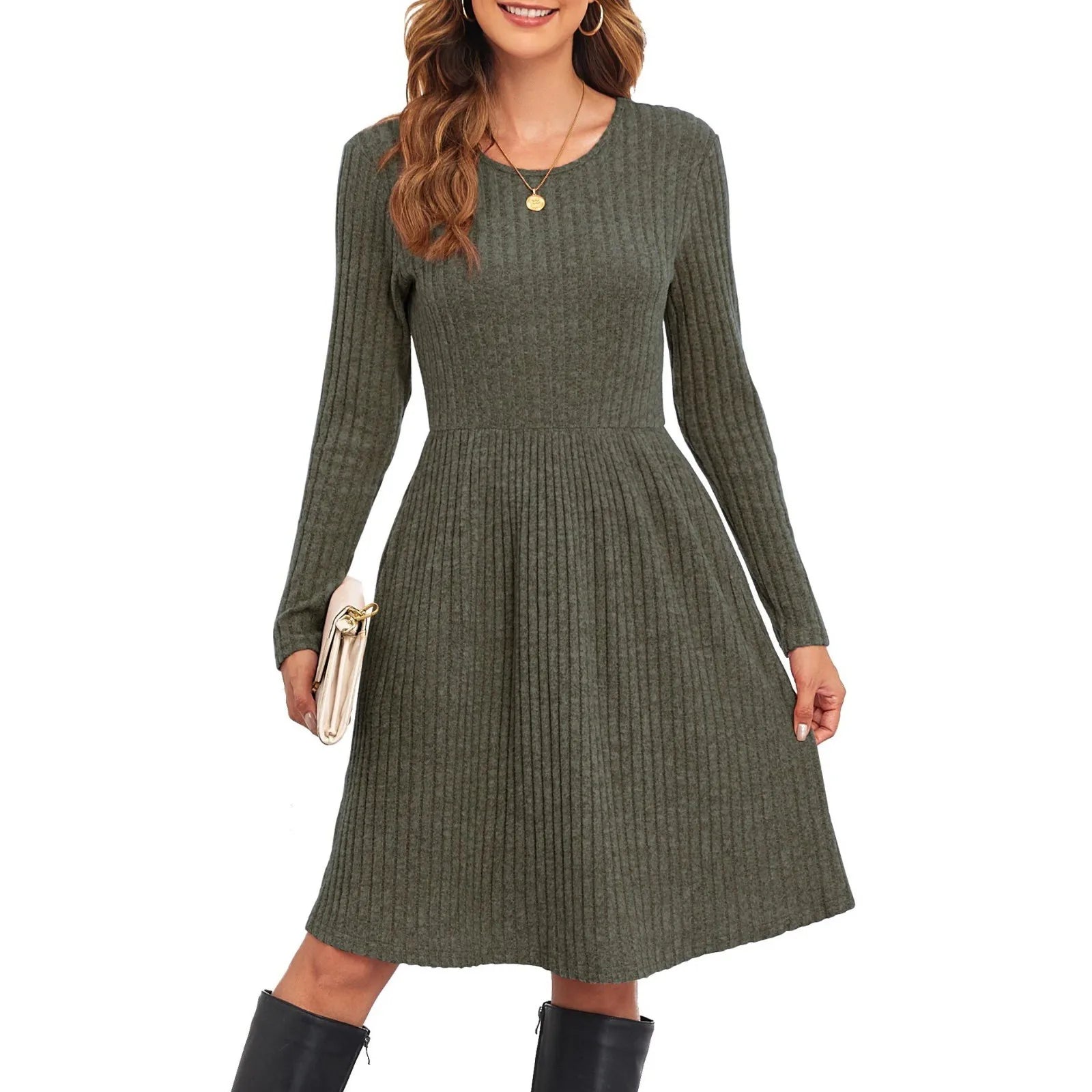 Autumn Women's Fashionable Mid-length Knitted Dress Solid-Color Round Neck Long Sleeve A-line Dress Casual Knee-length Dresses