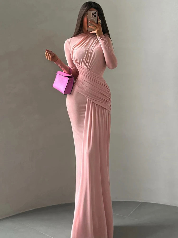 Sisterlinda Folds Maxi Dress Women o-Neck Full Sleeve Solid Banquet Elegant Vacation Fashion Autumn Skinny Casual Simple Vestido