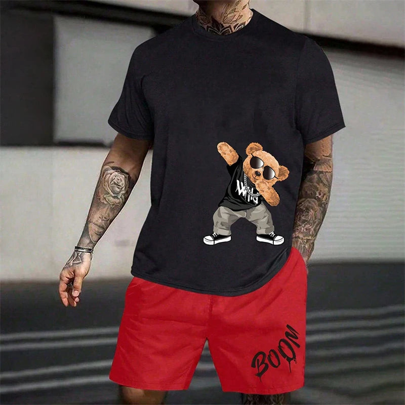 Fun Bear Harajuku T-Shirt Men's Summer Loose Daily Couple Suit Outdoor Street Short Sleeve Shorts Two Piece Men Summer Suit