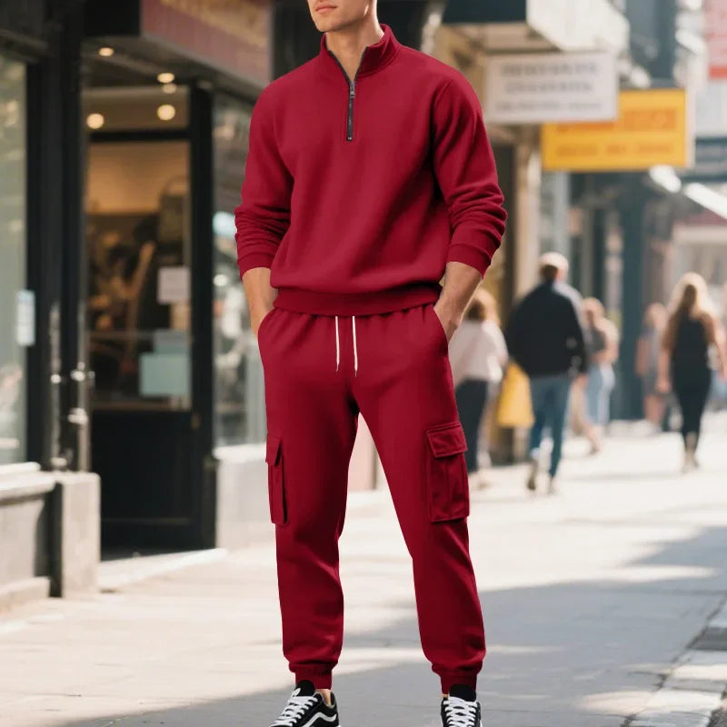 Men's Long-Sleeved Fleece Sweatshirt Suit Stand-up Collar Zipper American Men's Clothing Autumn Winter New 1/2pieces