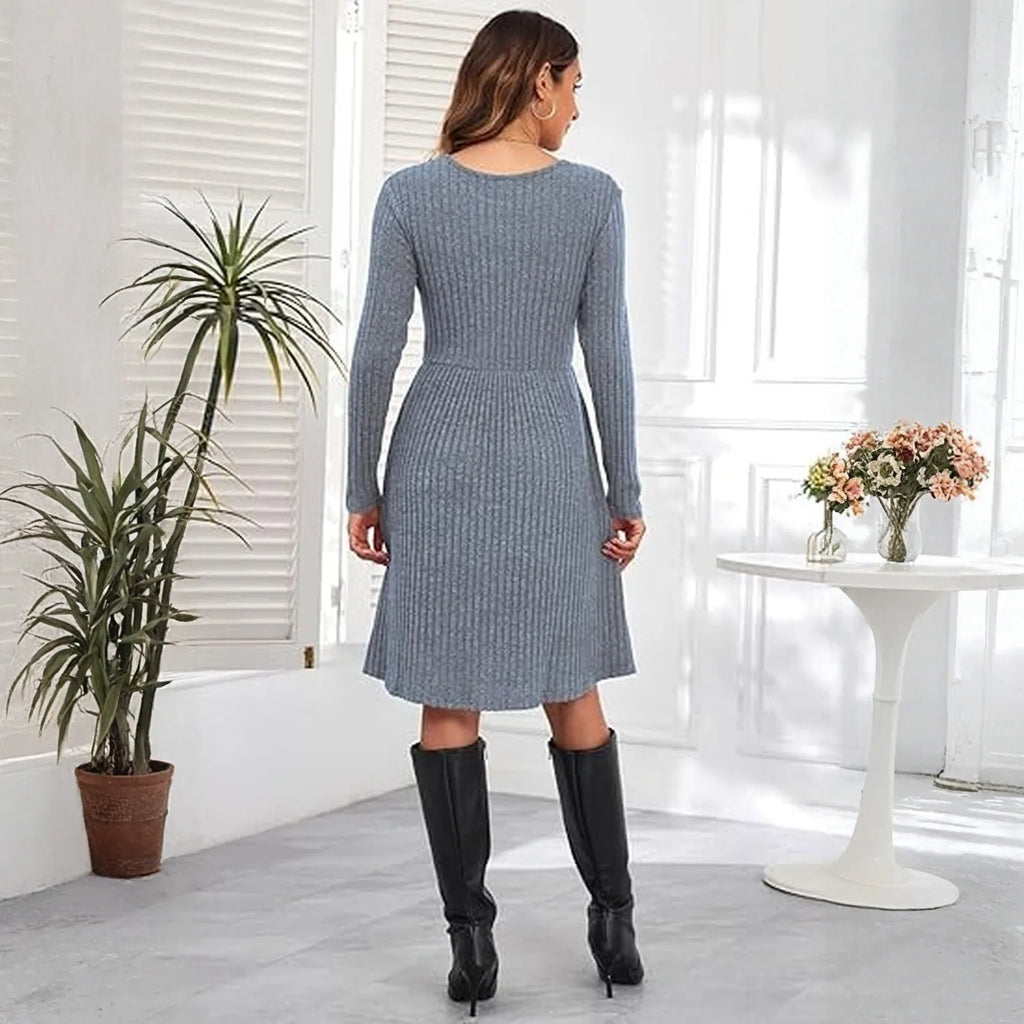 Autumn Women's Fashionable Mid-length Knitted Dress Solid-Color Round Neck Long Sleeve A-line Dress Casual Knee-length Dresses