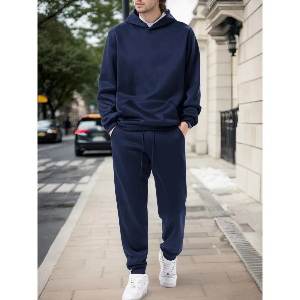 Sudadera con capucha de Color sólido para hombre conjunto de dos piezas con pantalones para correr ropa deportiva informal para