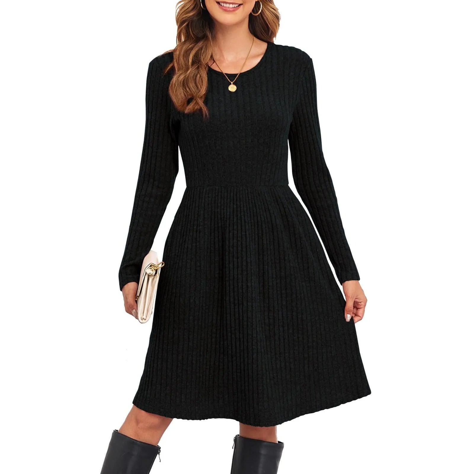 Autumn Women's Fashionable Mid-length Knitted Dress Solid-Color Round Neck Long Sleeve A-line Dress Casual Knee-length Dresses