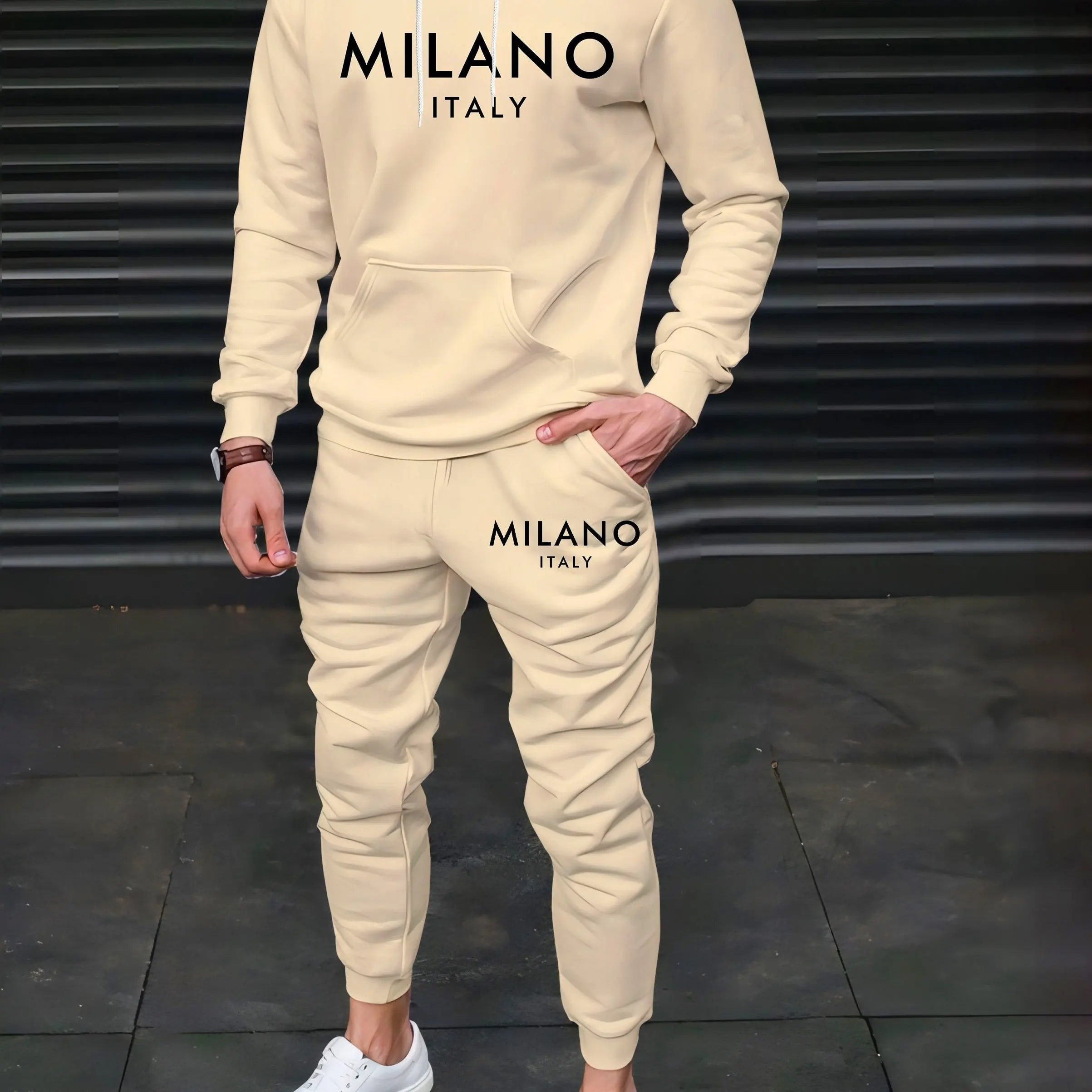 Men's Autumn/Winter Casual Warm MILANO ITALY Letter Printed Loose Thick Velvet Sports Hoodie+Sweatpants Set
