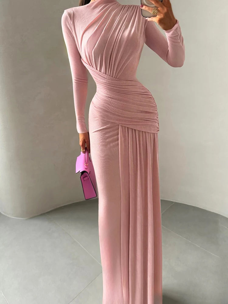 Sisterlinda Folds Maxi Dress Women o-Neck Full Sleeve Solid Banquet Elegant Vacation Fashion Autumn Skinny Casual Simple Vestido