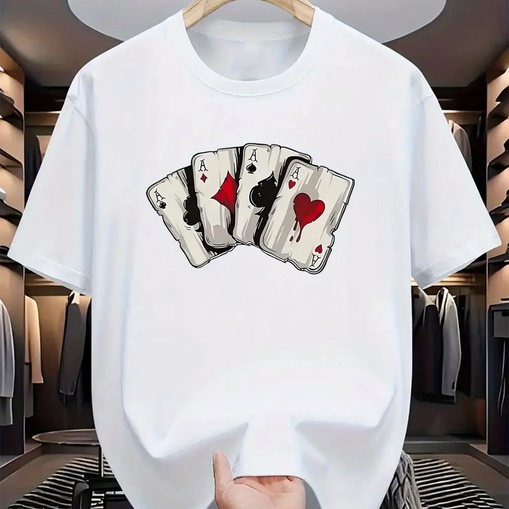 Summer men's 100% pure cotton poker card graphic print casual loose sports comfortable round neck short sleeved T-shirt top