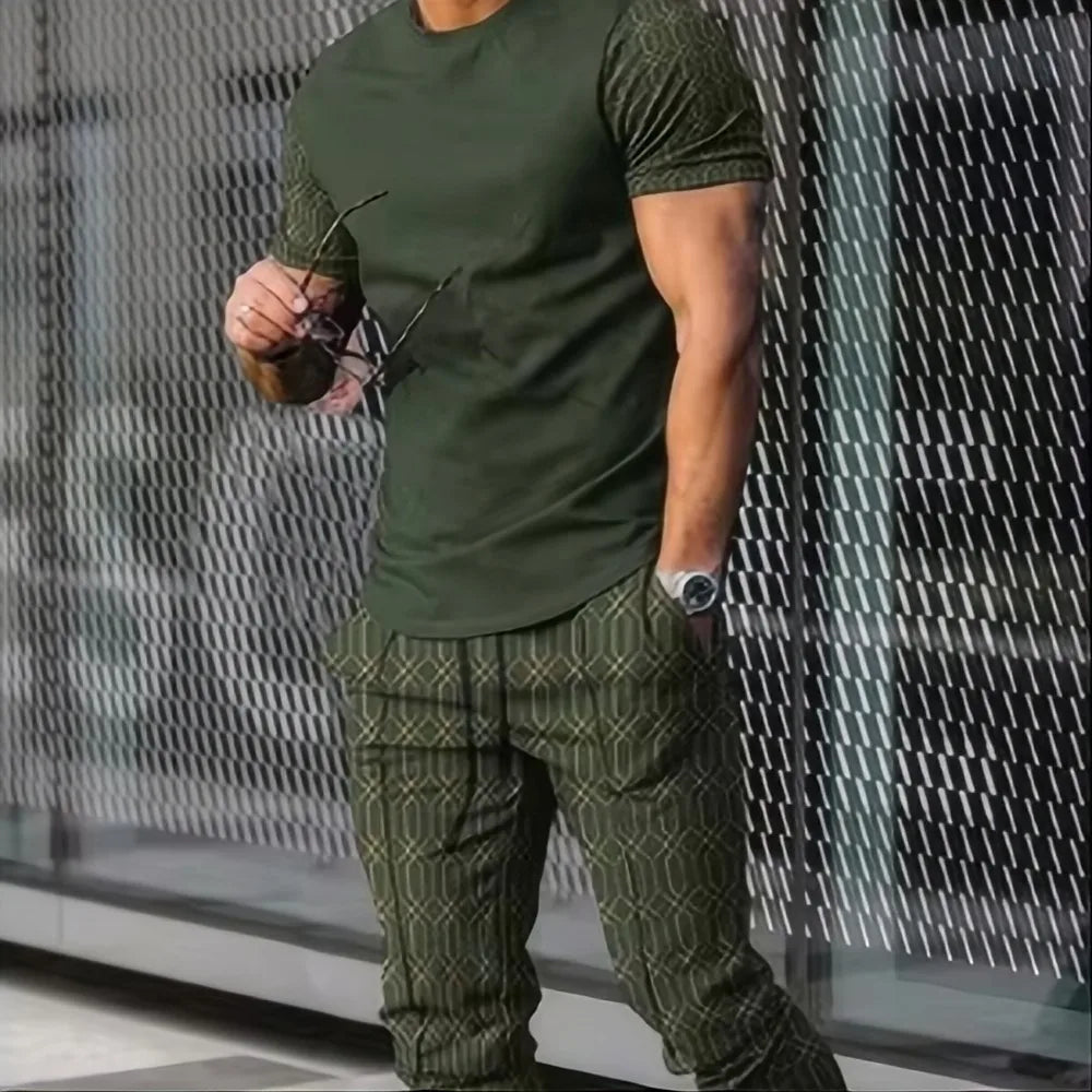 Summer fashion men's fashionable printed breathable comfortable round neck T-shirt and pants set outdoor comfortable casual set