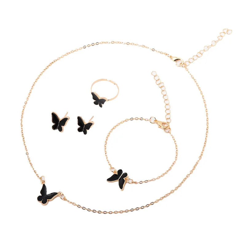 4Pcs/Set Fashion Butterfly Pendant Necklace Earrings Ring Bracelet Set For Women Engagement Wedding Jewelry Set Gift
