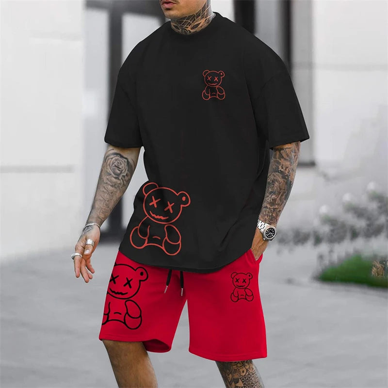 Fun Bear Harajuku T-Shirt Men's Summer Loose Daily Couple Suit Outdoor Street Short Sleeve Shorts Two Piece Men Summer Suit