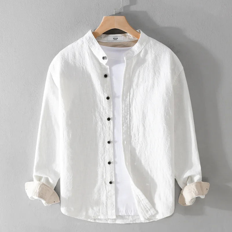 9896 High Quality Men Cotton Linen Casual Shirt Simple Solid Color Stand Collar Long Sleeve Basic Blouse Healthy Cozy Daily Tops