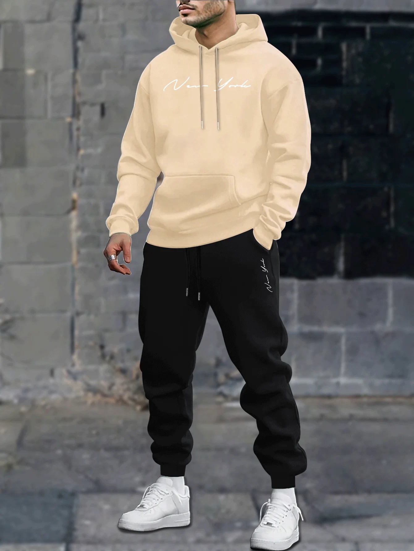Men's printed hooded sweatshirt and pants set, new winter/spring edition of casual sportswear and lace-up casual pants