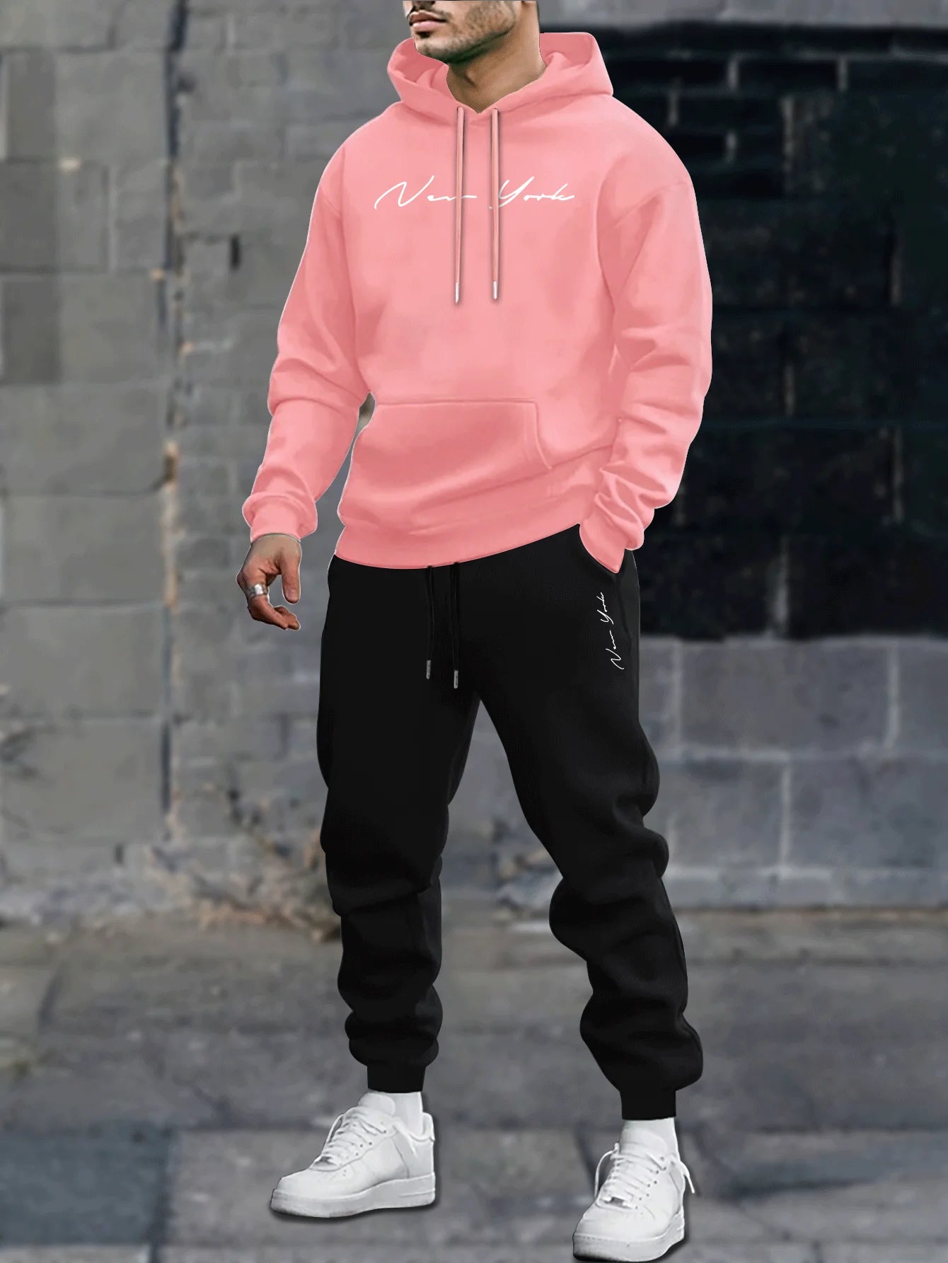 Men's printed hooded sweatshirt and pants set, new winter/spring edition of casual sportswear and lace-up casual pants