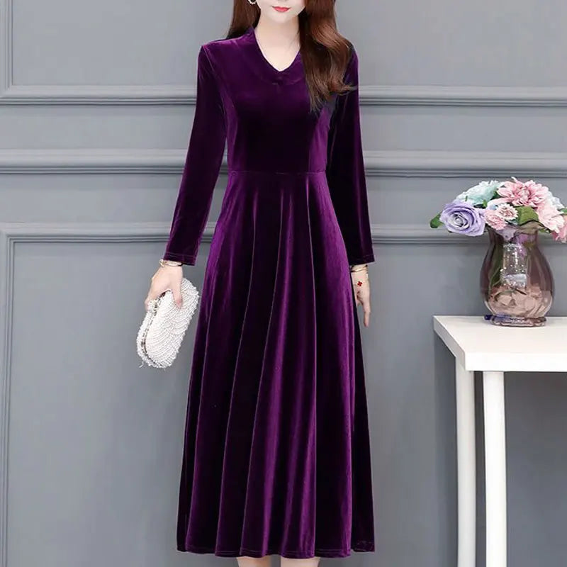 Women's Clothing Solid Color Velvet Dresses Elegant V-Neck Spring Autumn Long Sleeve All-match Casual A-Line Waist Long Dress