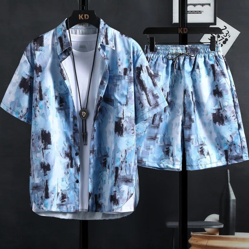 【M-3XL】New men's printed shirt sets,high quality fashion trend shorts,Hawaiian style casual floral tops, INS HOT men's and wom