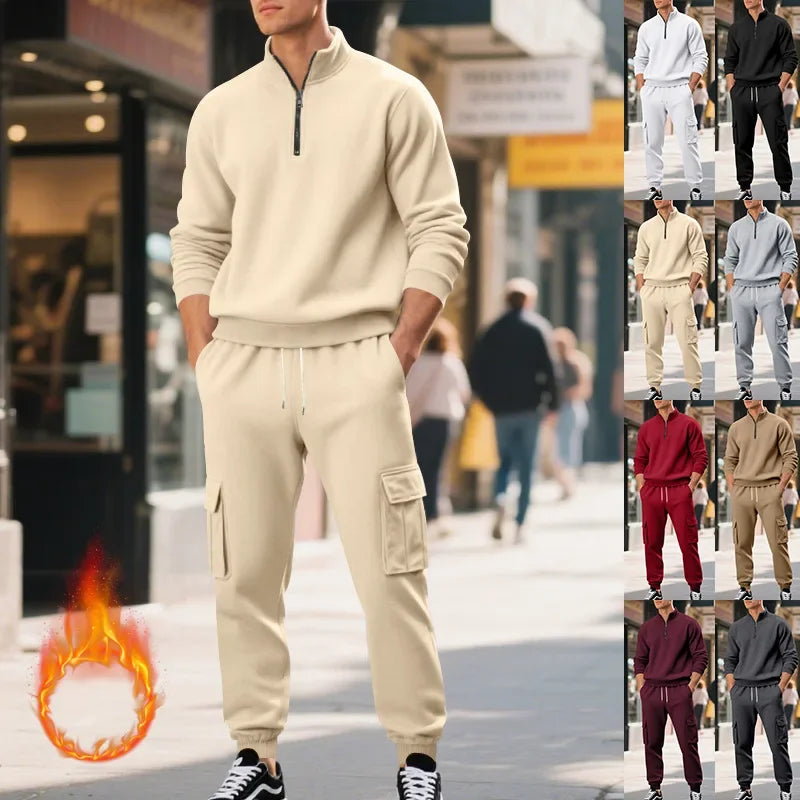 Men's Long-Sleeved Fleece Sweatshirt Suit Stand-up Collar Zipper American Men's Clothing Autumn Winter New 1/2pieces