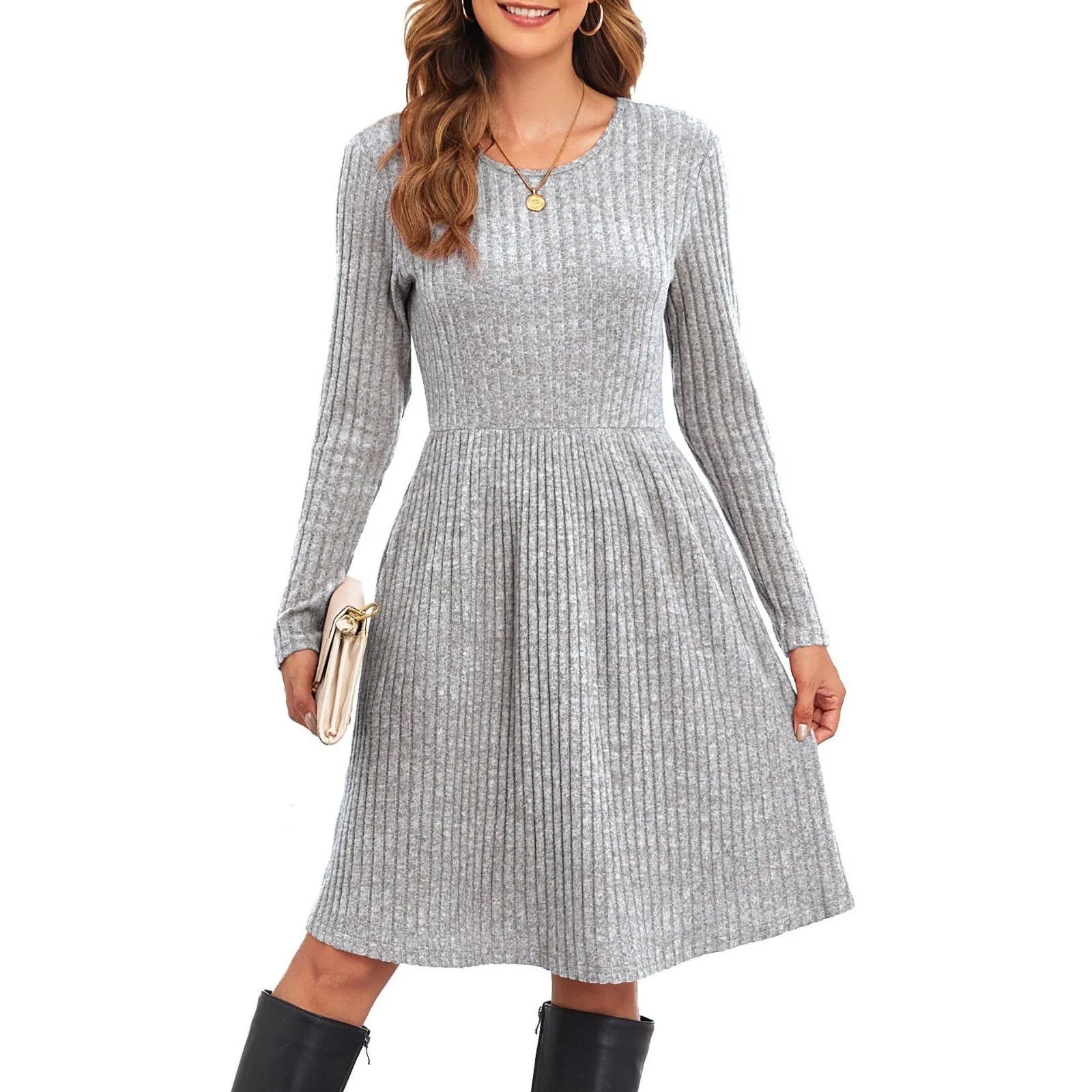 Autumn Women's Fashionable Mid-length Knitted Dress Solid-Color Round Neck Long Sleeve A-line Dress Casual Knee-length Dresses