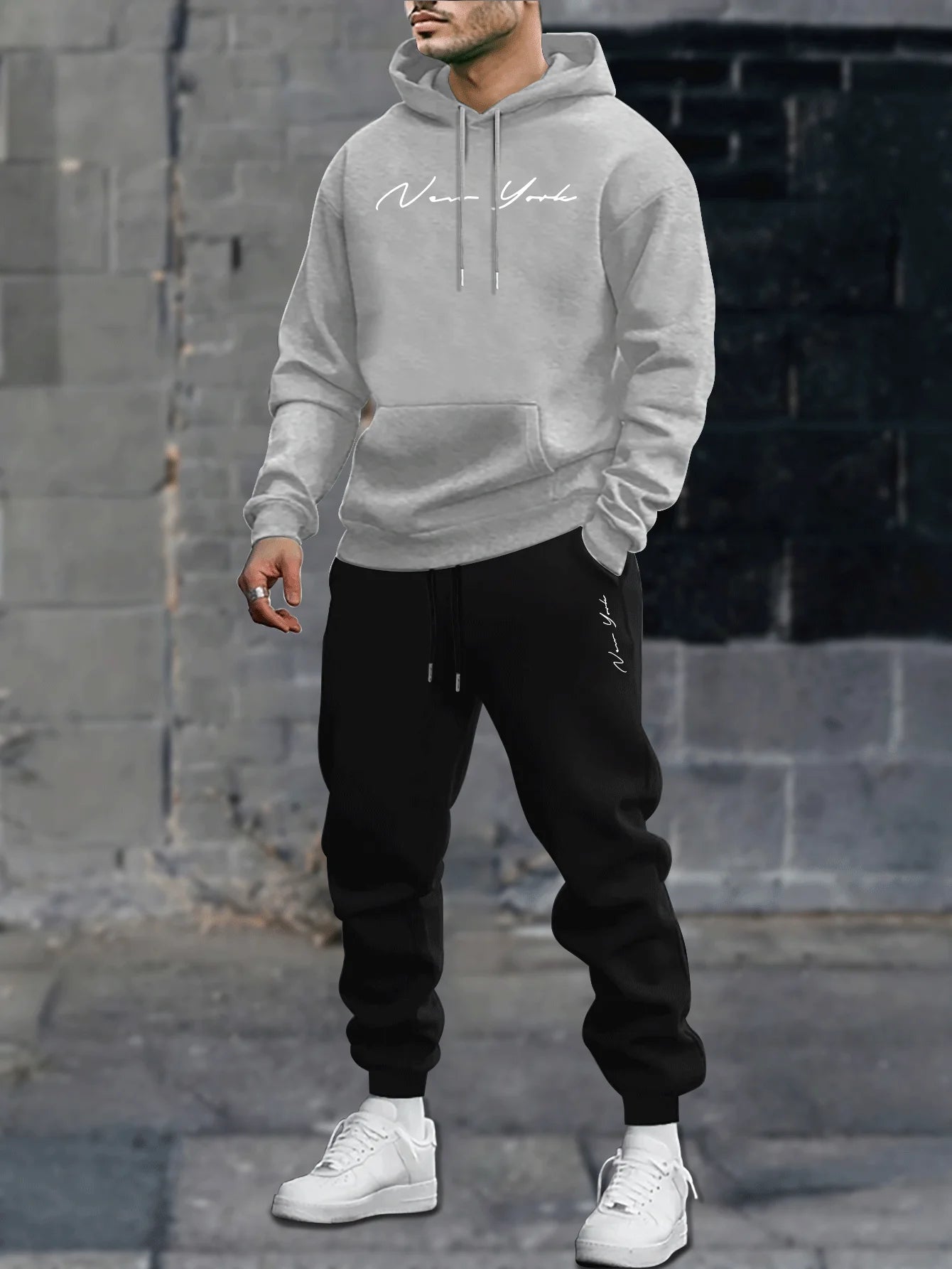 Men's printed hooded sweatshirt and pants set, new winter/spring edition of casual sportswear and lace-up casual pants