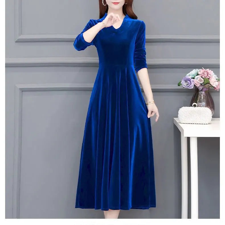 Women's Clothing Solid Color Velvet Dresses Elegant V-Neck Spring Autumn Long Sleeve All-match Casual A-Line Waist Long Dress