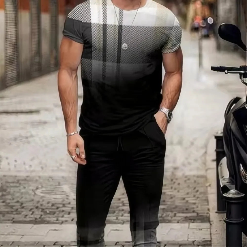 Summer fashion men's fashionable printed breathable comfortable round neck T-shirt and pants set outdoor comfortable casual set