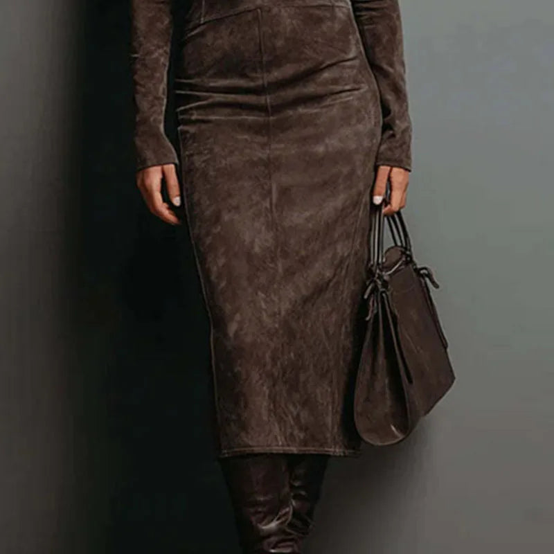 Retro Solid Suede Slim Fit Long Dresses Woman Fall Turtleneck High Waist Party Dress Winter Long Sleeve Pullover Female Clothing