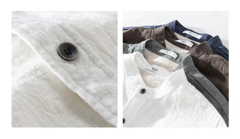 9896 High Quality Men Cotton Linen Casual Shirt Simple Solid Color Stand Collar Long Sleeve Basic Blouse Healthy Cozy Daily Tops