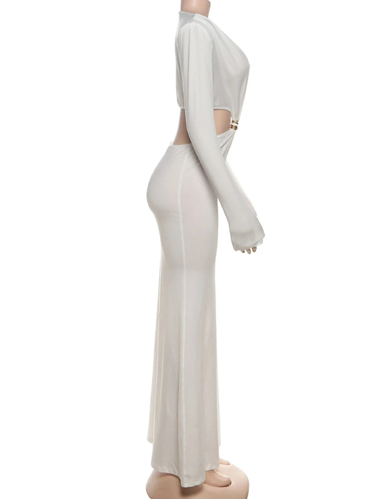 Weird Puss Waistless Elegant Dress Women Classic Full Sleeve Padded Bra Deep v-Neck Metal Buckle Hipster Simple Skinny Vestidos