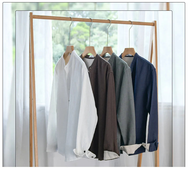 9896 High Quality Men Cotton Linen Casual Shirt Simple Solid Color Stand Collar Long Sleeve Basic Blouse Healthy Cozy Daily Tops