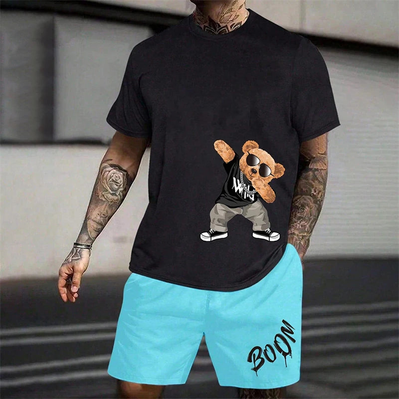 Fun Bear Harajuku T-Shirt Men's Summer Loose Daily Couple Suit Outdoor Street Short Sleeve Shorts Two Piece Men Summer Suit