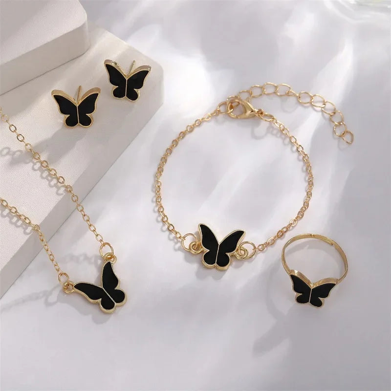 4Pcs/Set Fashion Butterfly Pendant Necklace Earrings Ring Bracelet Set For Women Engagement Wedding Jewelry Set Gift