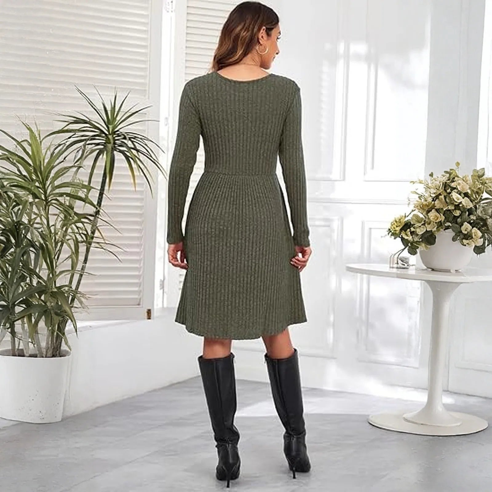Autumn Women's Fashionable Mid-length Knitted Dress Solid-Color Round Neck Long Sleeve A-line Dress Casual Knee-length Dresses